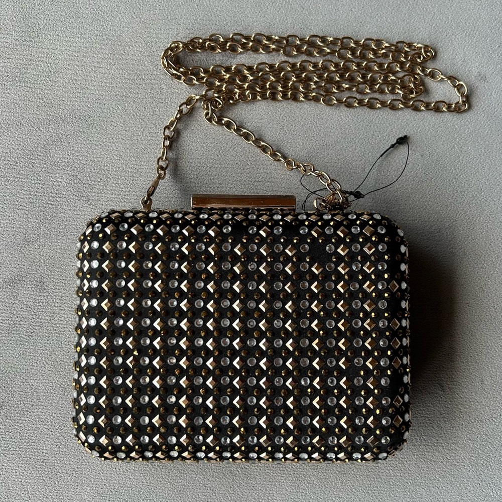 Sondra Roberts ~ Black Clutch ~ Gold and Rhinestone Embellishments